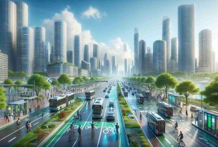 A high-definition, realistic depiction of the rising trend of sustainable urban mobility. Picture a thriving city with skyscrapers under a clear sky, brimming with innovative transport solutions. Visualize bustling streets where electric vehicles and shared bicycles are the norm, with charging stations dotted along the roadside. Think, bus lanes dedicated exclusively to biofuel buses. There is a network of well-organized, human-friendly bike lanes and sidewalks, with people of different descents safely navigating the city. Rain gardens and lush greenery are seen in public spaces, perfectly complementing the urban jungle.