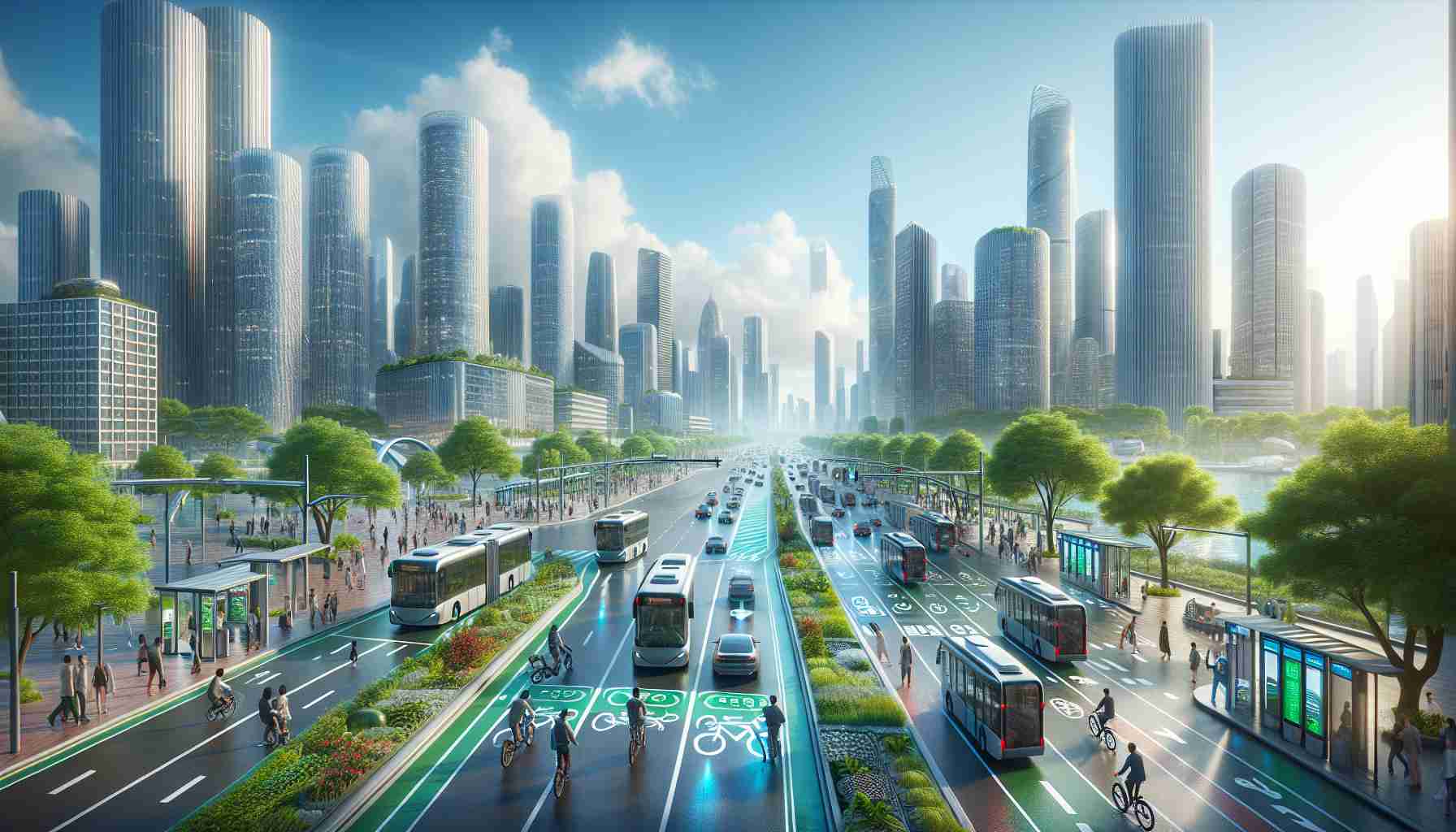 A high-definition, realistic depiction of the rising trend of sustainable urban mobility. Picture a thriving city with skyscrapers under a clear sky, brimming with innovative transport solutions. Visualize bustling streets where electric vehicles and shared bicycles are the norm, with charging stations dotted along the roadside. Think, bus lanes dedicated exclusively to biofuel buses. There is a network of well-organized, human-friendly bike lanes and sidewalks, with people of different descents safely navigating the city. Rain gardens and lush greenery are seen in public spaces, perfectly complementing the urban jungle.