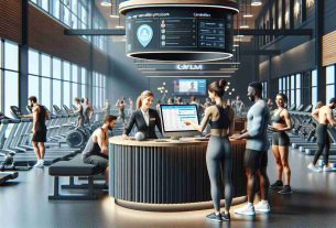 Realistically depict a gym with a modern, stress-free environment showcasing members of all walks of life happily engaging in their workouts. Central to the image is a customer service desk run by a friendly Caucasian woman, where people are experiencing easy cancellation procedures. The desk holds a large computer screen displaying an intuitive user interface for managing memberships. Nearby, a Black male gym member is filling out a simple electronic form on a tablet, personifying the ease of the process. The gym environment is filled with state-of-the-art equipment, reflecting its revolutionized approach.