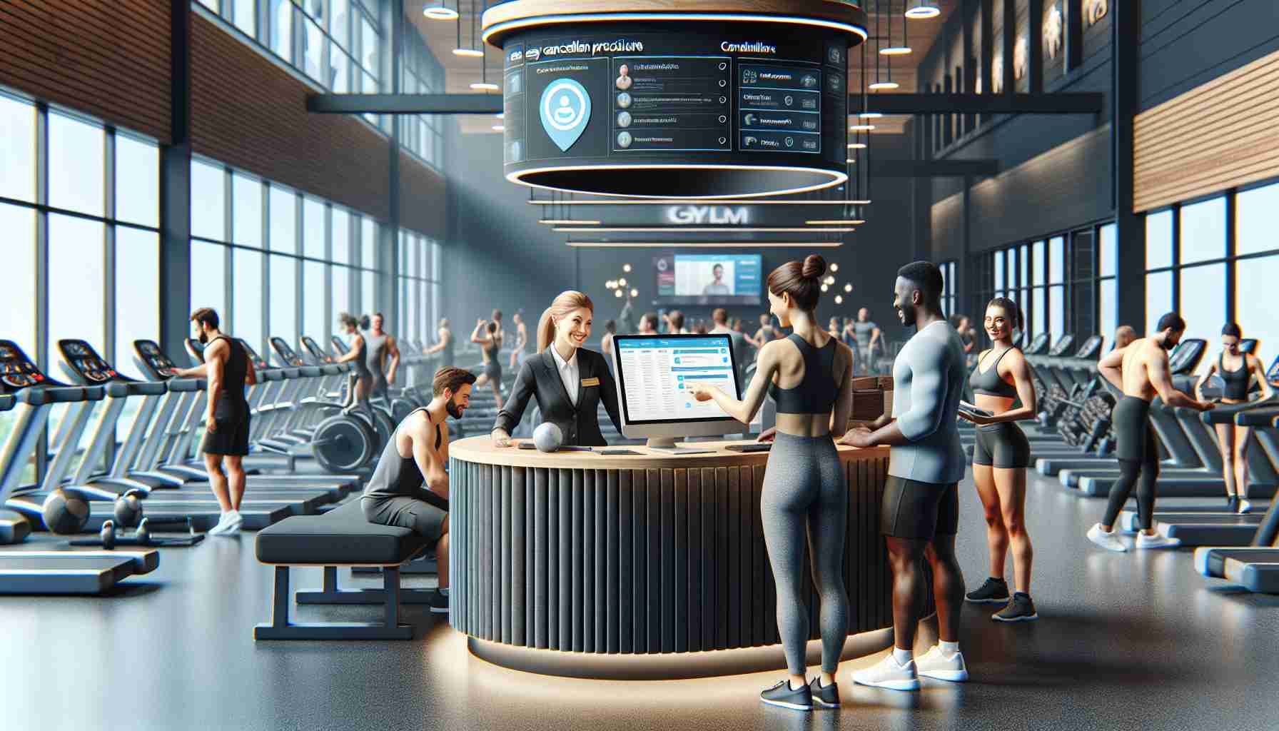 Realistically depict a gym with a modern, stress-free environment showcasing members of all walks of life happily engaging in their workouts. Central to the image is a customer service desk run by a friendly Caucasian woman, where people are experiencing easy cancellation procedures. The desk holds a large computer screen displaying an intuitive user interface for managing memberships. Nearby, a Black male gym member is filling out a simple electronic form on a tablet, personifying the ease of the process. The gym environment is filled with state-of-the-art equipment, reflecting its revolutionized approach.