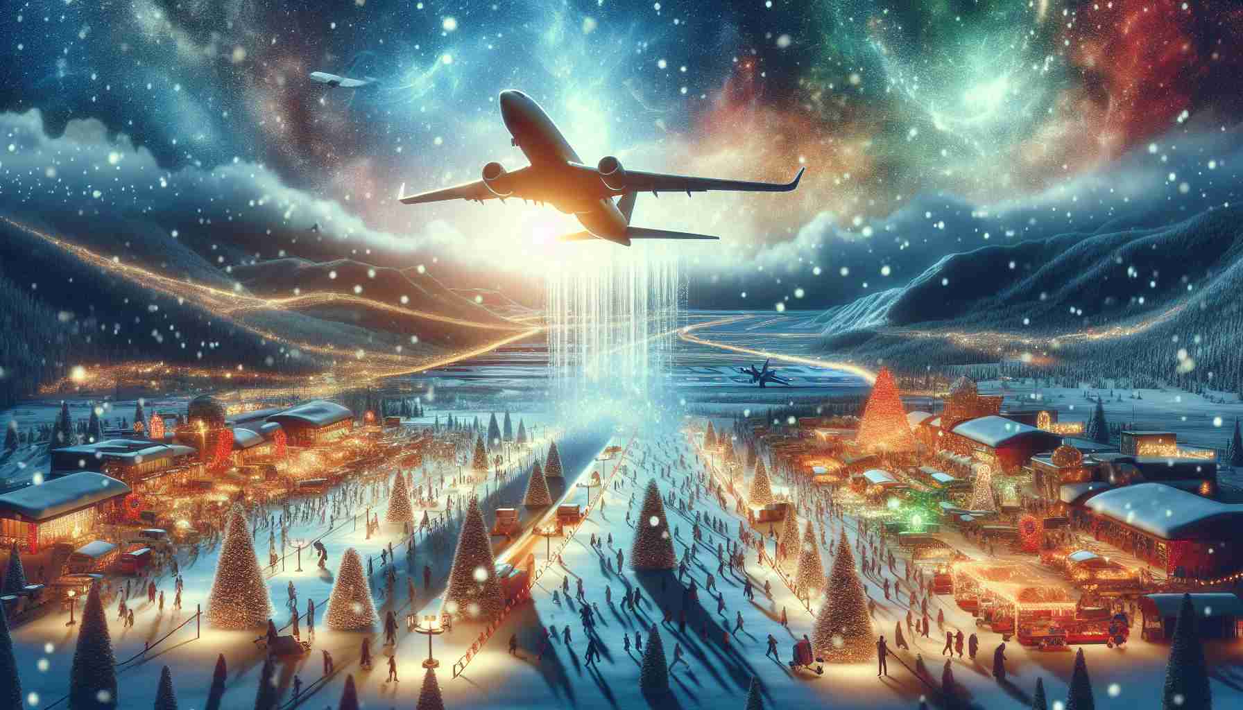 A realistic and high-definition image depicting an abstract representation of a commercial airline overcoming difficult circumstances and projecting a successful holiday quarter. The image should show an idyllic holiday setting, perhaps with subtle symbols of recovery and strength, such as an ascending airplane against a backdrop of bright, holiday-themed lights, snowy landscapes, and bustling airports filled with content passengers. The image should convey a positive and uplifting outlook, in line with the strong holiday quarter projection.