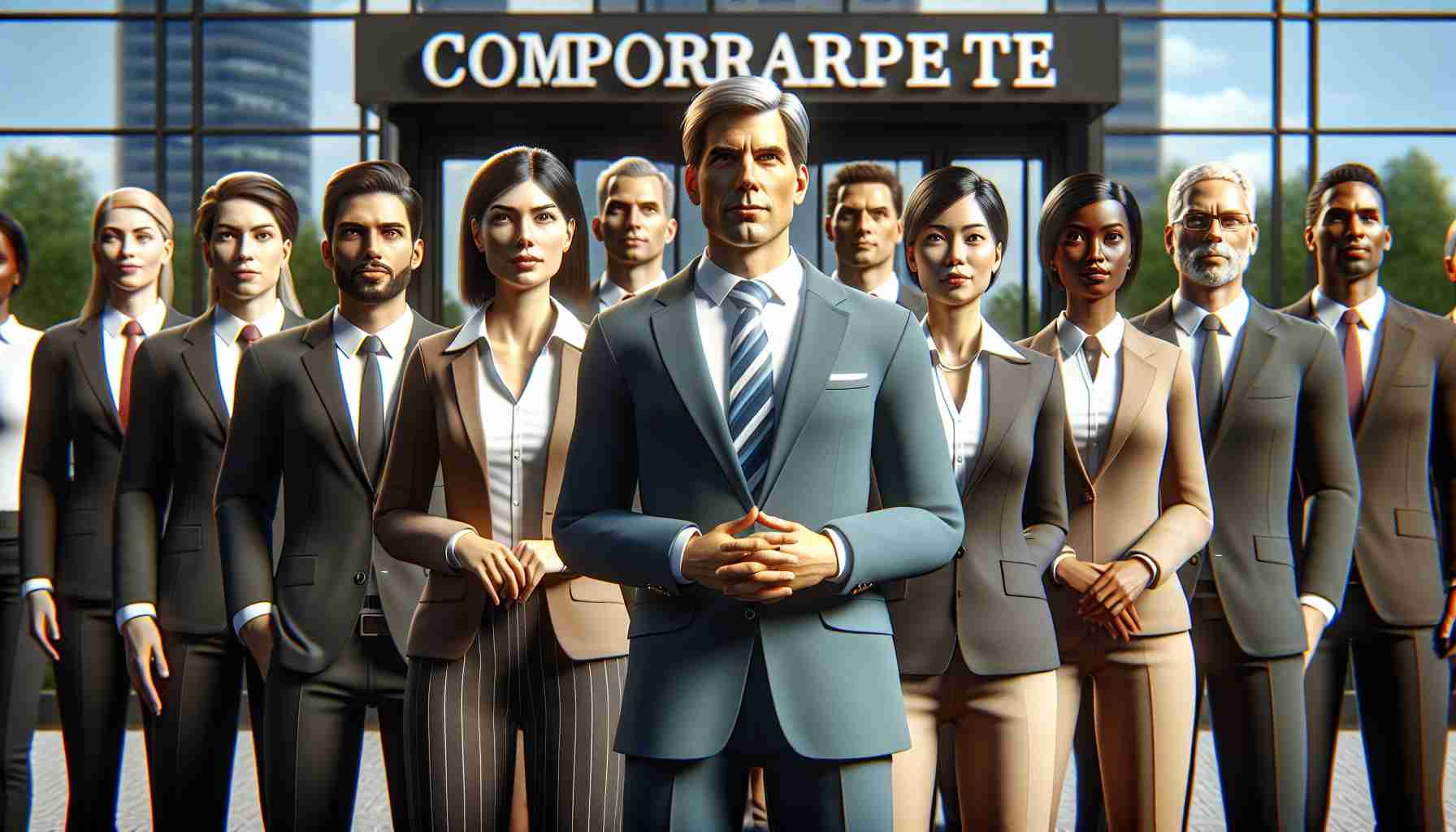 A high-definition, illustrative representation of a new leadership team at a major healthcare company indicating a strategic shift. The image shows a group of diverse individuals in business attire, each with resolute expressions, standing in front of the corporation's signage. There are both male and female members in positions of authority with varied descents such as Caucasian, Black, Middle-Eastern, Hispanic, and South Asian.