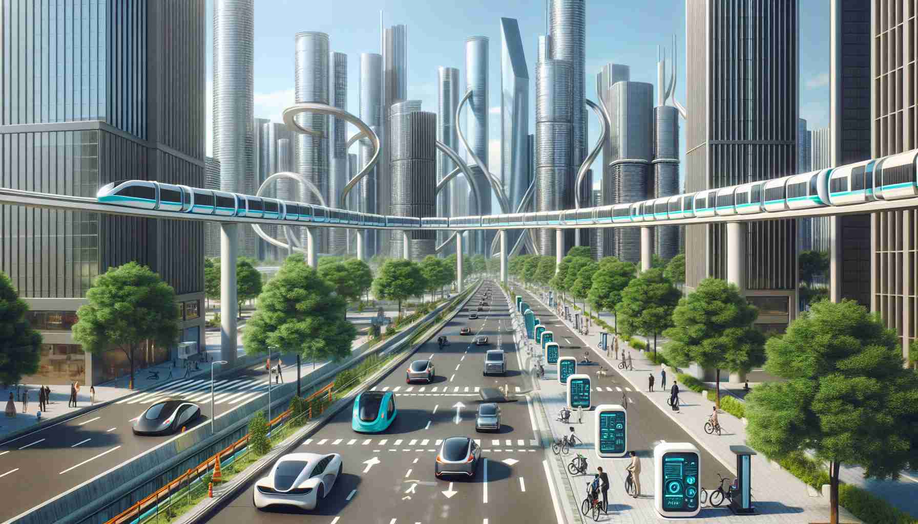 Generate a realistic high-definition image that depicts an innovative approach to urban mobility. Imagine a futuristic city where clean energy and smart technology are used in transit systems. Show dense tall buildings, a network of advanced monorails or hyperloop-like structures, and futuristic autonomous vehicles and bikes on clean streets. Include charging stations and technology interfaces, some trees and parks for a sustainable environment, and diverse people, possibly of Asian, African and Caucasian descents, using these modes of transport efficiently and with ease to get around the city.