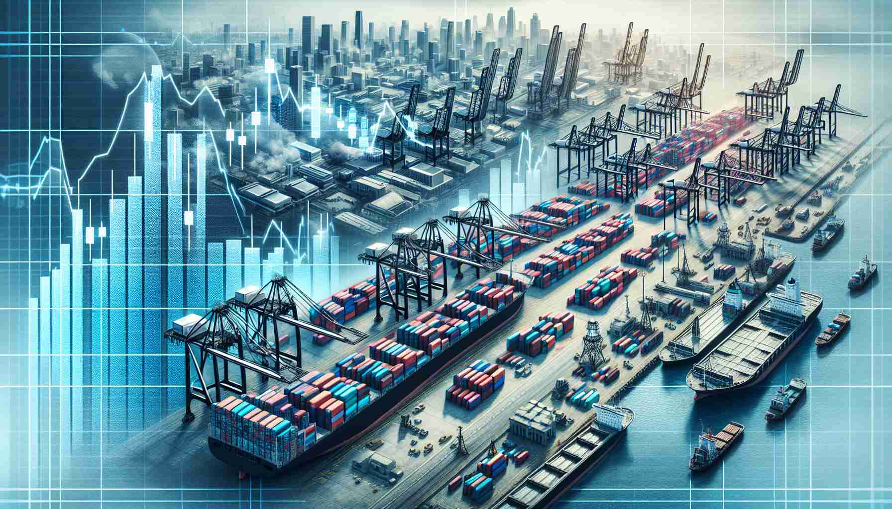 Create an intricate and high quality image that symbolizes the potential impact of a port workers' strike on the U.S. economy. The image should show a vast shipping port filled with unloaded containers, with cranes standing stationary and ships waiting offshore. Instill a sense of stagnation and distress. In another part of the image, portray stock market charts showing a decline to suggest economic turmoil. Add symbols of American economy like factories ceasing production, stores with empty shelves, and desolate shopping malls. Ensure the image is grounded in reality, communicates potential risks, and captures the complex consequences of such a strike.