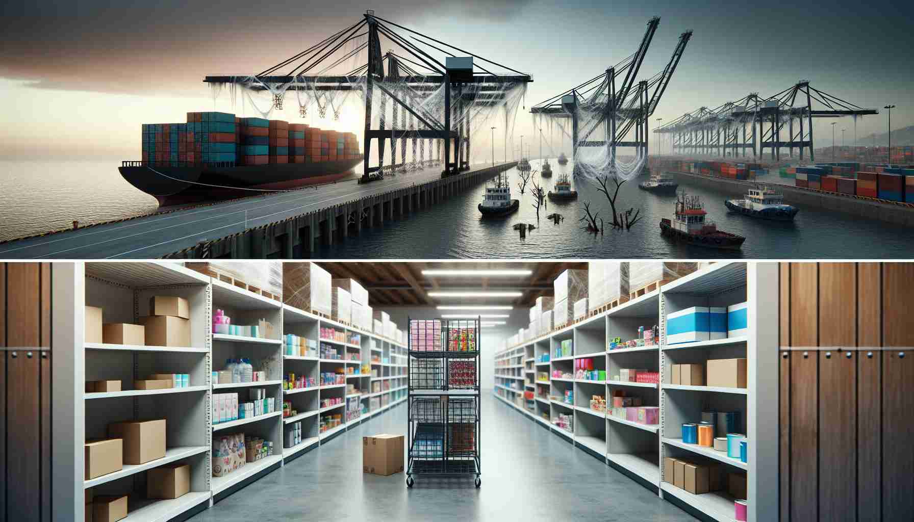 Realistic high-definition photo illustrating the potential impact of a dockworker's strike on widely purchased consumer goods. The image can show a deserted port filled with stacked containers and a cobweb-covered crane, hinting at the halted activity. Additionally, it can depict half-emptied shelves in stores, indicating a shortage of popular products like electronics, food, clothes, toys, and household items.