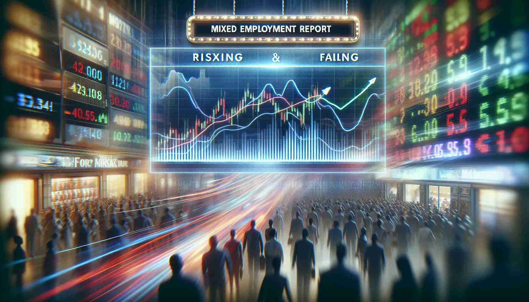 Create a realistic, high-definition image that conceptually represents mixed futures market performance before an important employment report is released. This could show a combination of rising and falling graphs, perhaps superimposed on a blur of busy stock market traders, with a marquee scrolling important headlines about the impending employment report.