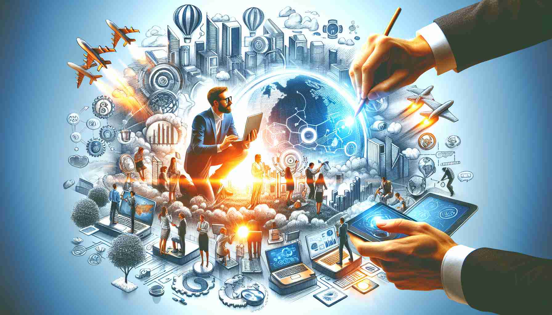 Create a high-definition, realistic image related to the optimistic future of a popular technology company. Explore visual representations of this company expanding its boundaries, embracing growth opportunities, and envisioning a bright future. This could include illustrations of new technologies, offices in different parts of the world, or fresh ideas taking the shape of products.