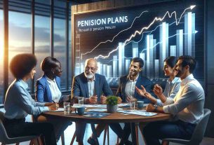 Create a realistic HD image representing the resurgence of pension plans in the modern workplace. The image should feature a contemporary office setting with diverse representation of workers. A South Asian woman, a Black man, a Hispanic woman, and a Middle-Eastern man, all in business casual attire, are actively engaged in a roundtable discussion. On the digital screen behind them is a dynamic bar graph showing an upward trend in pension plan uptake. Their expressions should show a sense of optimism and confidence.