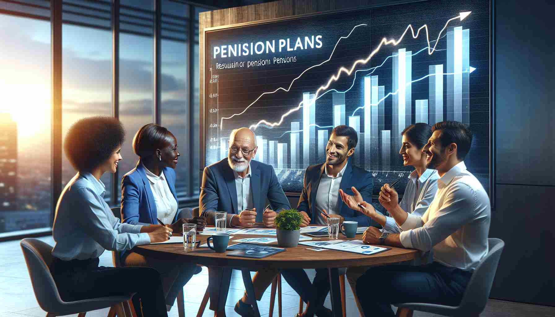 Create a realistic HD image representing the resurgence of pension plans in the modern workplace. The image should feature a contemporary office setting with diverse representation of workers. A South Asian woman, a Black man, a Hispanic woman, and a Middle-Eastern man, all in business casual attire, are actively engaged in a roundtable discussion. On the digital screen behind them is a dynamic bar graph showing an upward trend in pension plan uptake. Their expressions should show a sense of optimism and confidence.