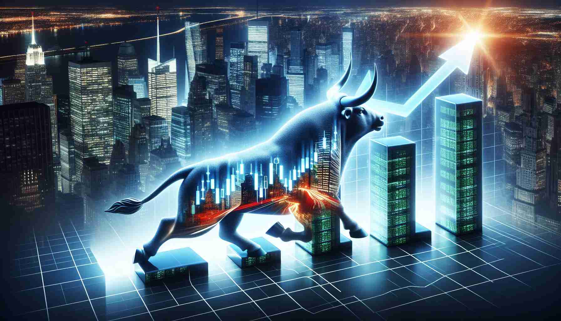 An extremely high-resolution, realistic photograph of a conceptual representation of 'Financial Giants Shining: Exceeding Expectations in the Third Quarter Performance'. The image can include a bar graph or pie chart indicating marked improvements in third quarter performance, with symbols of powerful financial institutions, like a tall skyscraper or a bull for bullish market, brightly illuminated or glowing, signifying their 'shine'. Buildings could be in an urban night setting, symbolizing the third quarter of the year, and the bull can be at the foreground, running up an inclined plane, showcasing exceeded expectations.