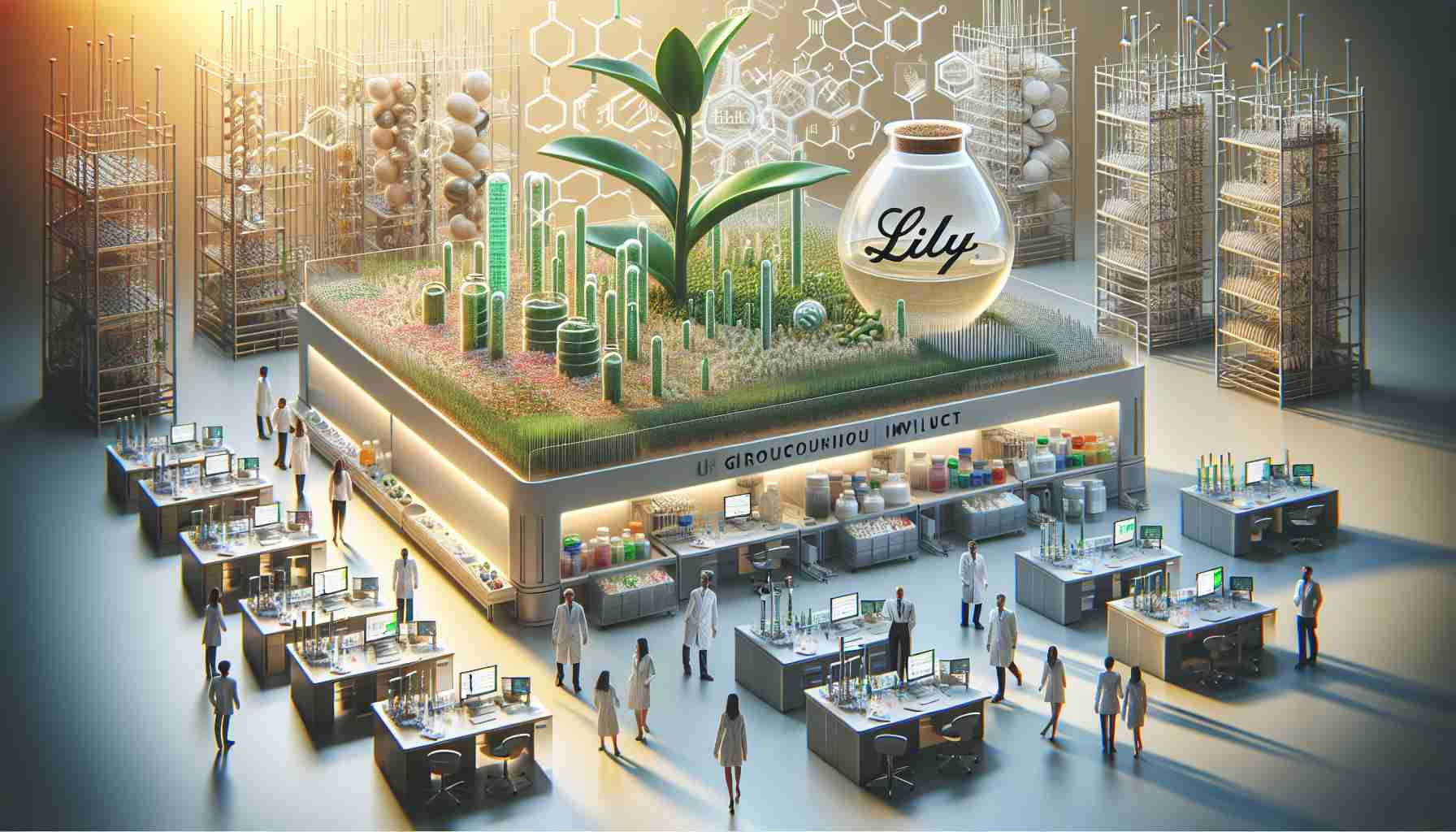 A high-definition, realistic representation of the groundbreaking investment in sustainable biotech growth by Lilly. The image should depict elements such as eco-friendly laboratory settings, advanced biotechnology equipment, and possibly a metaphorical or symbolic representation of growth, such as a sprouting plant or tree. Diverse individuals of different genders and descents can be shown working together, demonstrating the collaborative nature of the innovative project.