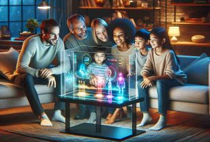 Create a realistic high-definition image representing the concept of revolutionizing family entertainment. Show a family of four (a Caucasian father, a Black mother, a Middle-Eastern young boy, and a South-Asian young girl) sitting together in a comfortable living room. They are interacting with a futuristic entertainment system consisting of a large transparent touch screen displaying bright animated graphics, surrounded by advanced tech gadgets. They all look fascinated and happy, sharing a unique bonding moment. The setting is evening, the room is softly lit, creating a warm and welcoming atmosphere.