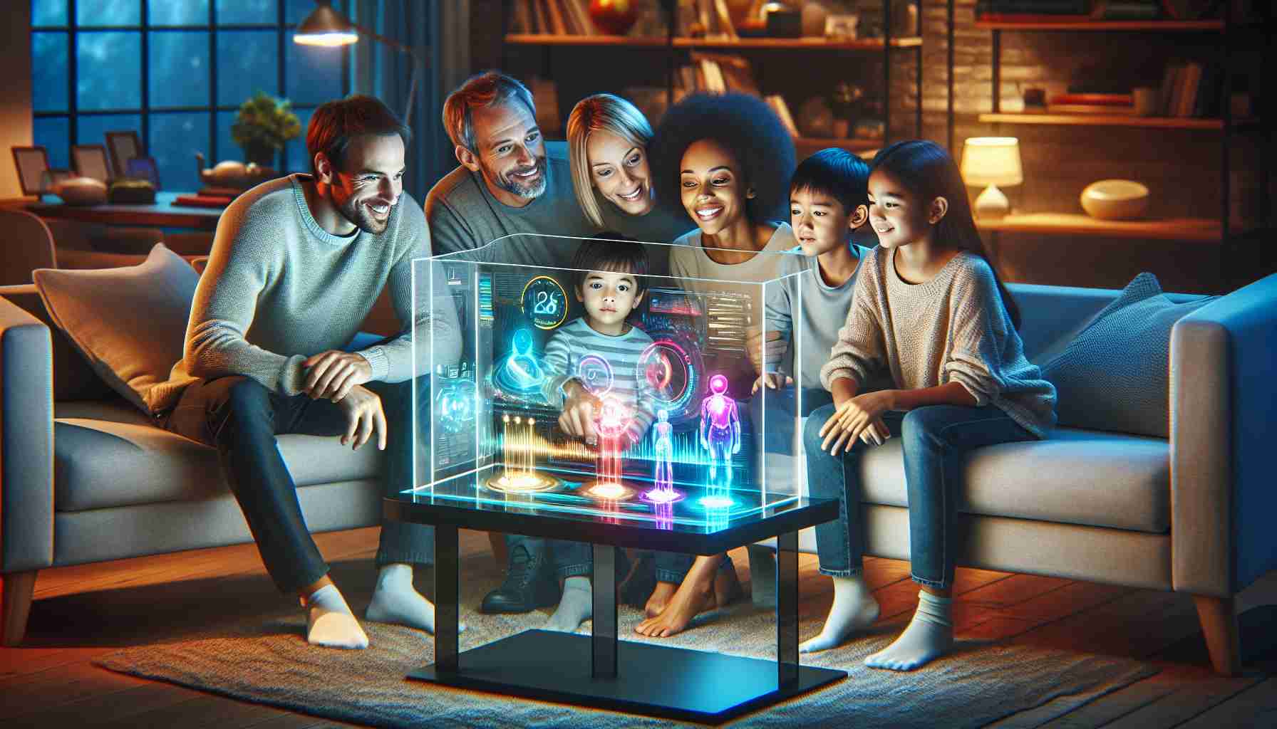 Create a realistic high-definition image representing the concept of revolutionizing family entertainment. Show a family of four (a Caucasian father, a Black mother, a Middle-Eastern young boy, and a South-Asian young girl) sitting together in a comfortable living room. They are interacting with a futuristic entertainment system consisting of a large transparent touch screen displaying bright animated graphics, surrounded by advanced tech gadgets. They all look fascinated and happy, sharing a unique bonding moment. The setting is evening, the room is softly lit, creating a warm and welcoming atmosphere.