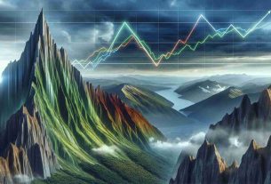 A realistic high-definition visual representation of the dramatic rise and subsequent fall of a company's stock market value, shown as a towering mountain peak followed by a sudden steep descent. The company logo, without any specific company details, should be superimposed on the image. The mountain could be in lush greens and vibrant colors for the increasing value and transition to a stormy, rough, and desolate landscape as it represents the fall. A dynamic line graph superimposed over this landscape could symbolize the trajectory of stocks.