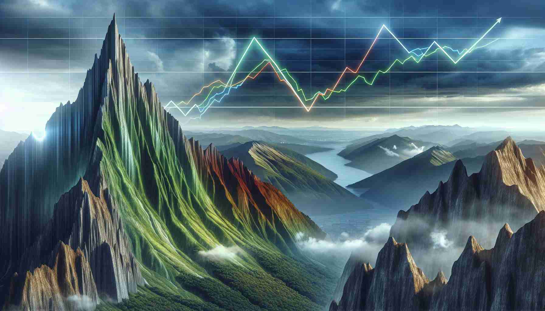 A realistic high-definition visual representation of the dramatic rise and subsequent fall of a company's stock market value, shown as a towering mountain peak followed by a sudden steep descent. The company logo, without any specific company details, should be superimposed on the image. The mountain could be in lush greens and vibrant colors for the increasing value and transition to a stormy, rough, and desolate landscape as it represents the fall. A dynamic line graph superimposed over this landscape could symbolize the trajectory of stocks.