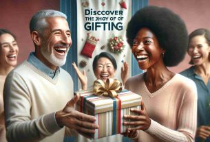 A high-definition, realistic representation of a positive and joyful scene involving gifting. Include the excitement and anticipation of one person giving a wrapped gift to another. The person giving the gift should be a young, Black female, with curly hair, and cheerful expression. And the recipient should be a middle-aged, Caucasian male with short hair, showing surprise and happiness. This moment should exude the pleasure of giving, love, friendship and celebration. Also, include a banner in the background that reads 'Discover the Joy of Gifting' to embody the essence of this delightful activity.