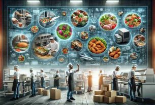 A highly detailed, realistic image showcasing new food safety innovations revolutionizing the restaurant industry. It includes visuals of healthy preparation practices in the kitchen, use of latest technology for cleanliness, new ways of handling food, and packaging systems ensuring safe food delivery. A diverse range of restaurant workers, including Caucasian and Hispanic men and women, are actively engaging in these practices. One side of the image could show a restaurant kitchen buzzing with activity, using state-of-the-art equipment, while the other could depict a delivery scene with high-quality packaging for freshly prepared food.