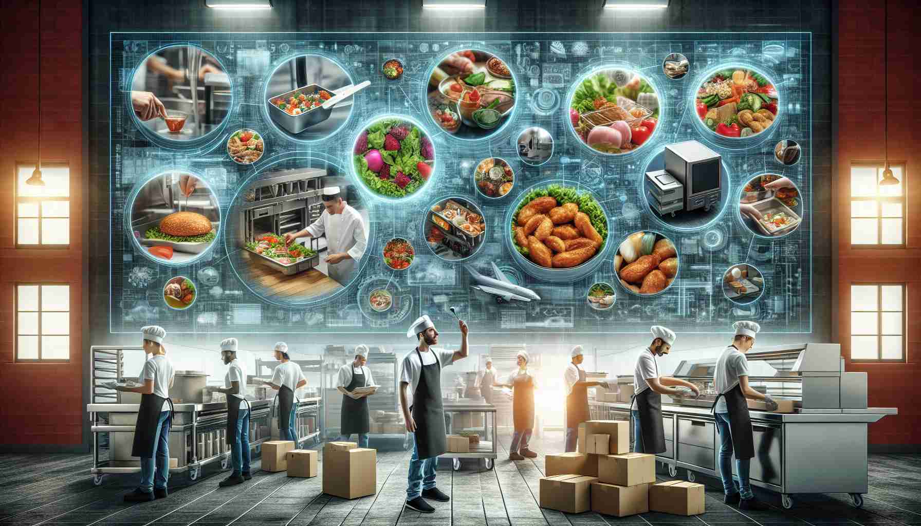 A highly detailed, realistic image showcasing new food safety innovations revolutionizing the restaurant industry. It includes visuals of healthy preparation practices in the kitchen, use of latest technology for cleanliness, new ways of handling food, and packaging systems ensuring safe food delivery. A diverse range of restaurant workers, including Caucasian and Hispanic men and women, are actively engaging in these practices. One side of the image could show a restaurant kitchen buzzing with activity, using state-of-the-art equipment, while the other could depict a delivery scene with high-quality packaging for freshly prepared food.