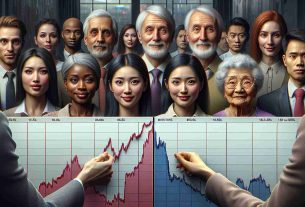 A high-definition, hyper-realistic image depicting the situation of two distinct groups representative of consumers and investors. On one side, show a group of diverse people, such as a Black woman, Hispanic man, and a White elderly couple, looking at a graph on a board shows the decline of interest rates. The expressions on their faces should indicate relief and satisfaction. On the other side, depict an Asian businessman, a Caucasian middle-aged woman, and a South Asian young woman, who are following the same graph but show uncertainty or concern. This dichotomy shall illustrate the impact of lower interest rates on consumers and investors.