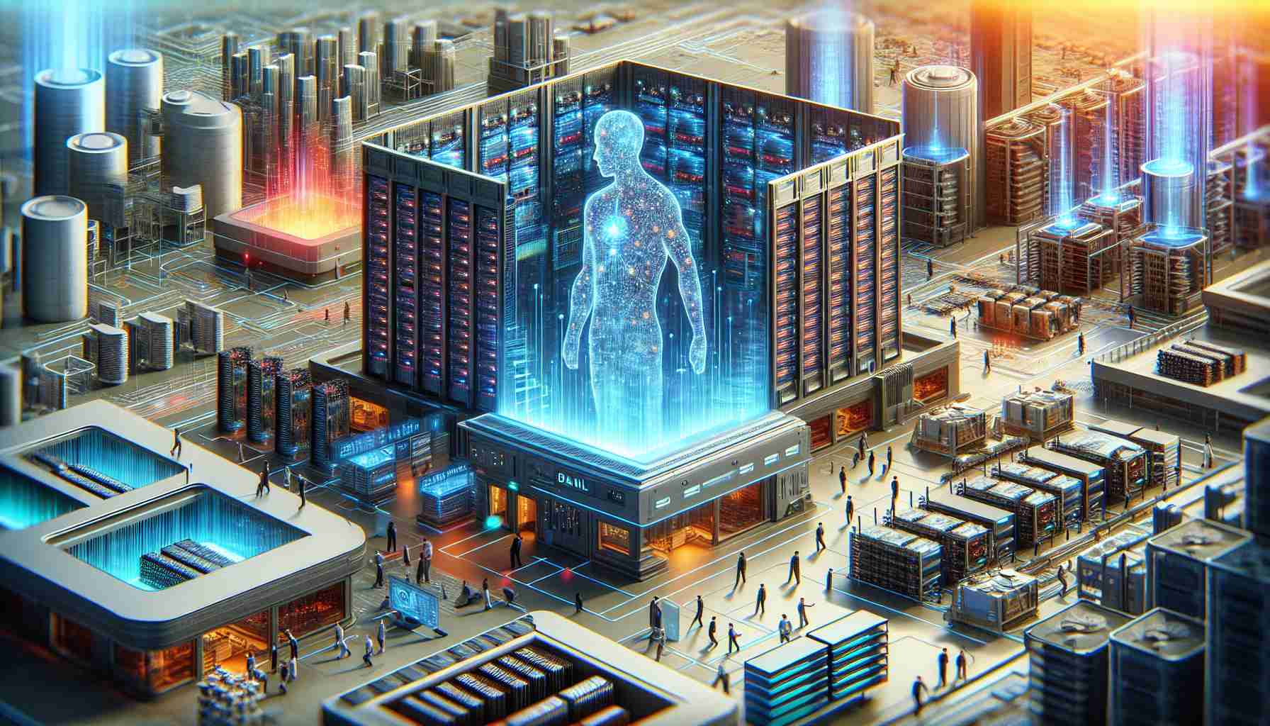 A high definition, realistic illustration depicting the future of AI infrastructure spending and chipmakers. The image should show a futuristic setting with various advanced AI technologies, including servers, computers, and chips. The setting can be an industry complex filled with high-rack servers, towering constructions, and workers moving around. Mixed in the scene, there can be stacks of chips and hardware components. The visual representation of spending can be shown by depicting investors or businesspeople discussing charts and diagrams of financial growth in AI. The image should have a forward-looking, progressive vibe.