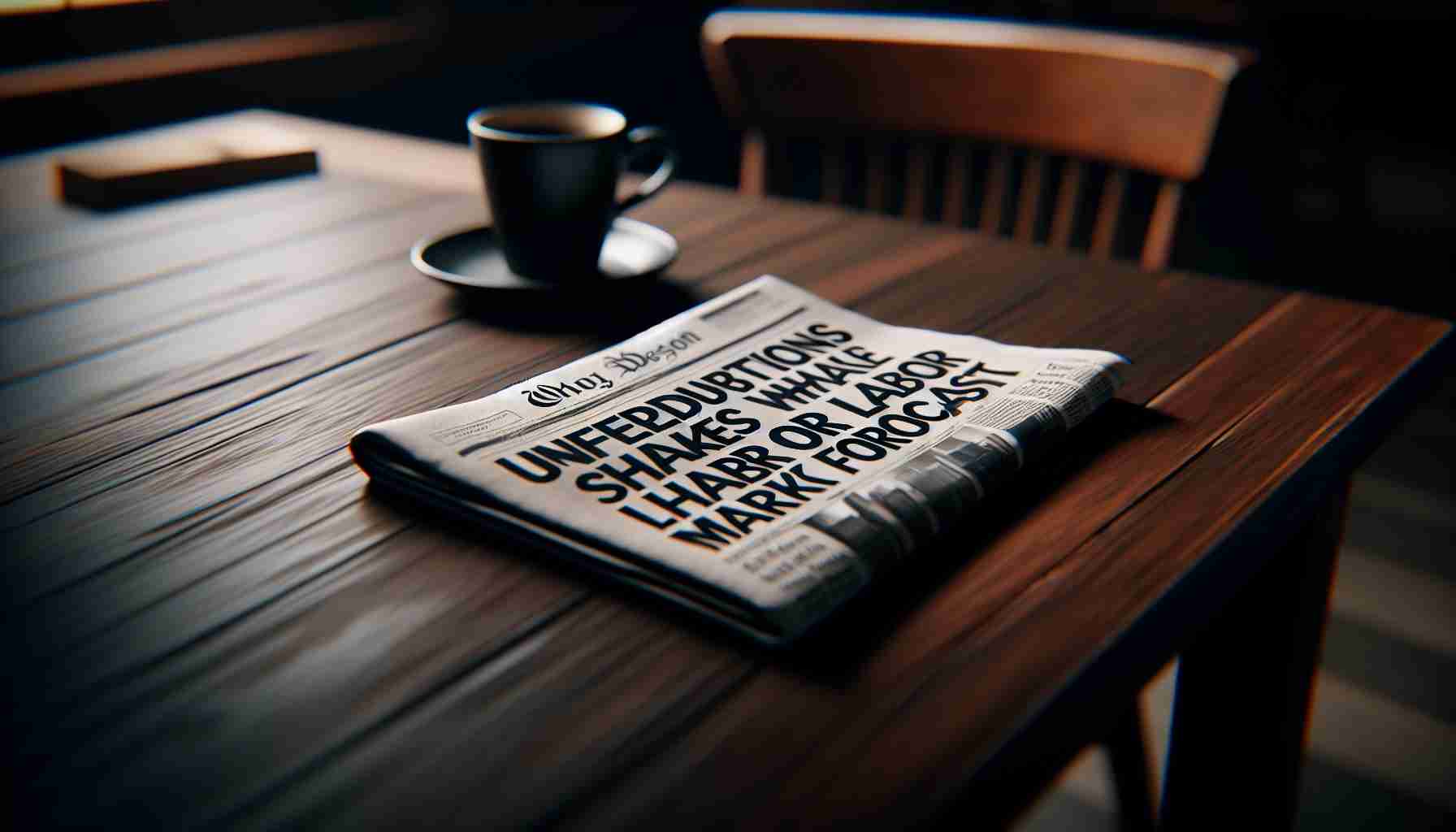 A realistic macro lens photograph of a newspaper headline that reads 'Unforeseen Disruptions Shake Up Labor Market Forecasts'. The newspaper is sharply folded in a scrupulous manner and rests on a wooden table with its black and white text contrasting heavily with the table's dark mahogany color. The room wherein the table is located is dimly lit, and a cup of freshly brewed coffee is leisurely rested beside the newspaper, slightly out of focus.