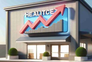 Detailed and realistic portrayal of the exterior signage of a health-related retail store, symbolically or metaphorically displaying an upwards arrow graph to represent the challenge of rising medical costs.