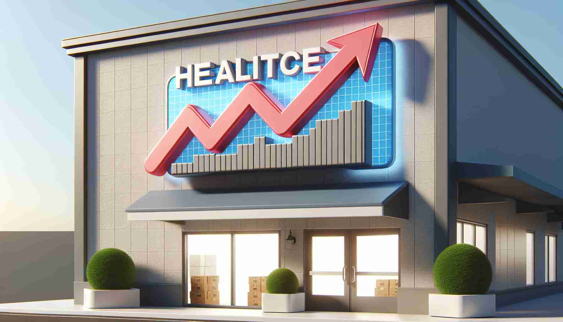 Detailed and realistic portrayal of the exterior signage of a health-related retail store, symbolically or metaphorically displaying an upwards arrow graph to represent the challenge of rising medical costs.