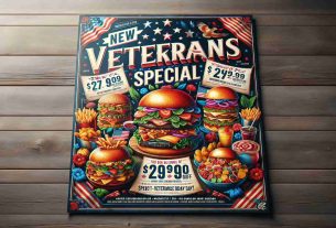 Generate a realistic, high definition image of a flyer advertising new restaurant deals specifically for Veterans Day. The image should vividly display a variety of food items, like juicy burgers, stacked sandwiches, and colourful salads, along with bold, eye-catching text that highlights the significant discounts on offer. The colors of the flyer should reflect the patriotism of Veterans Day, with hues of red, white, and blue. The name of the theme day, 'Veterans Day Special', should be visible at the top in large, calligraphic letters.