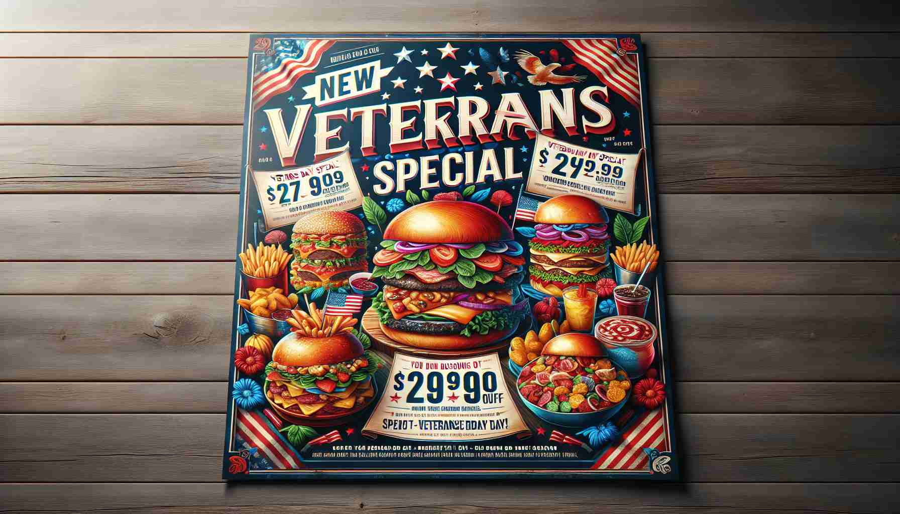 Generate a realistic, high definition image of a flyer advertising new restaurant deals specifically for Veterans Day. The image should vividly display a variety of food items, like juicy burgers, stacked sandwiches, and colourful salads, along with bold, eye-catching text that highlights the significant discounts on offer. The colors of the flyer should reflect the patriotism of Veterans Day, with hues of red, white, and blue. The name of the theme day, 'Veterans Day Special', should be visible at the top in large, calligraphic letters.