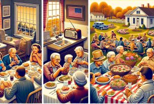 A high-definition scene illustrating several distinct traditions for celebrating election day from different regions in the United States. In one section of the image, a group of like-minded individuals gathering around a radio in a traditional American home, intent on hearing the results. Another section shows a family sitting down to a festive meal, their table laden with regional dishes. Yet another shows a community potluck in a small-town park, with people of all ages mingling and sharing dishes. Each section of the image should convey a warm, vibrant celebration of democracy.