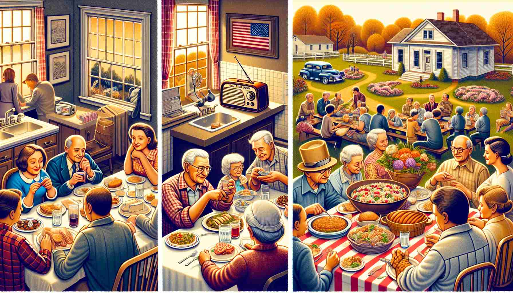 A high-definition scene illustrating several distinct traditions for celebrating election day from different regions in the United States. In one section of the image, a group of like-minded individuals gathering around a radio in a traditional American home, intent on hearing the results. Another section shows a family sitting down to a festive meal, their table laden with regional dishes. Yet another shows a community potluck in a small-town park, with people of all ages mingling and sharing dishes. Each section of the image should convey a warm, vibrant celebration of democracy.