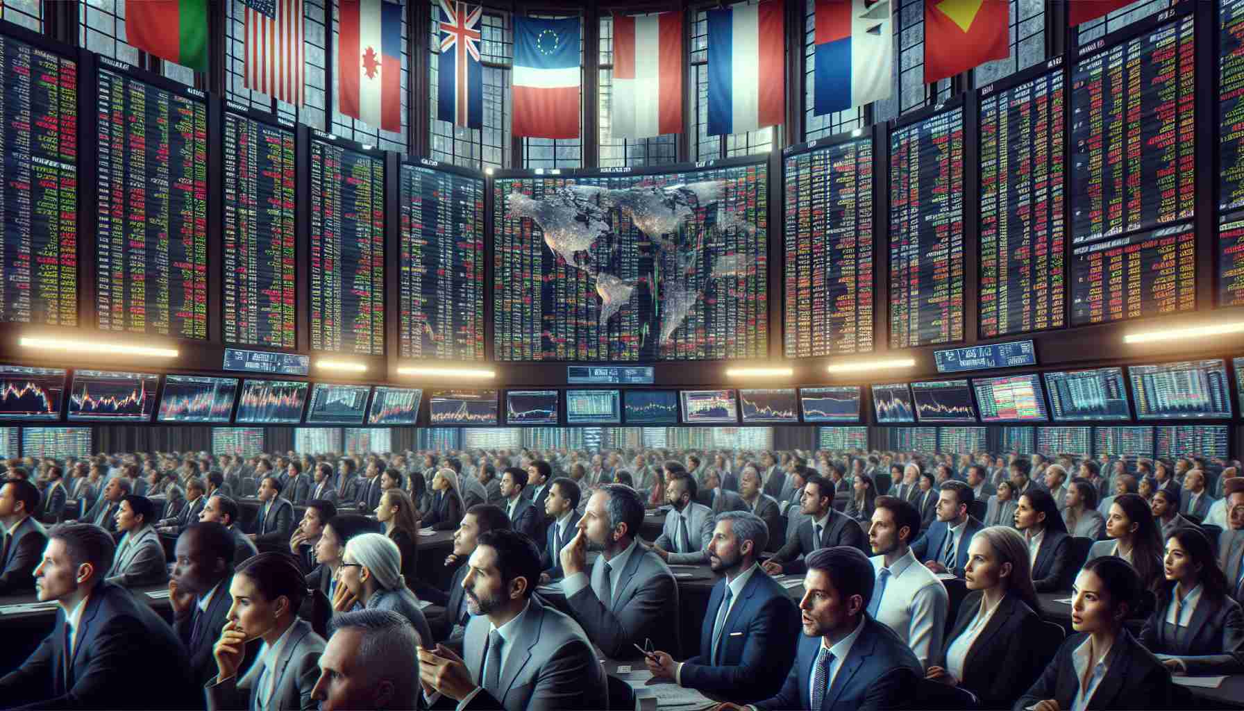 A high-definition, realistic image showing various global stock markets reacting to the anticipated outcome of a significant event in a major western country. The image should depict a bustling trading floor with a diverse group of traders, both male and female, from different descents like Caucasian, Black, Asian, and Hispanic. Their faces show intense focus and anticipation as they closely monitor the fluctuating stock prices displayed on big digital screens in the background. Global flags hang from the ceiling, symbolizing the international nature of trading and finance.