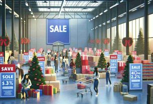 Create a high-quality, realistic image showcasing Exciting Holiday Savings at a large membership-based wholesale store. The scene should evoke holiday spirit, perhaps with festive decoration and sale signs indicating significant discounts on a variety of items, ranging from electronics to groceries.