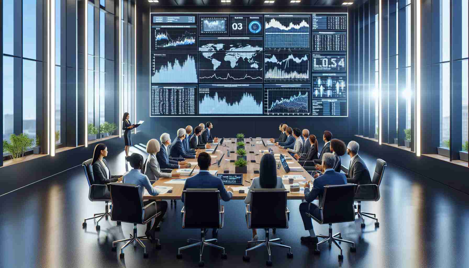 A high-definition, realistic image of a professional financial meeting. There are people of different descents such as Caucasian and Hispanic, and genders such as women and men present. They are gathered around a large conference table, looking at charts, graphs and other financial data projected onto a screen. The charts show details about interest rates. There is a placard on the table that says 'Federal Reserve Meeting'. The room is illuminated with bright, overhead lights, and there's a serious, focused atmosphere.