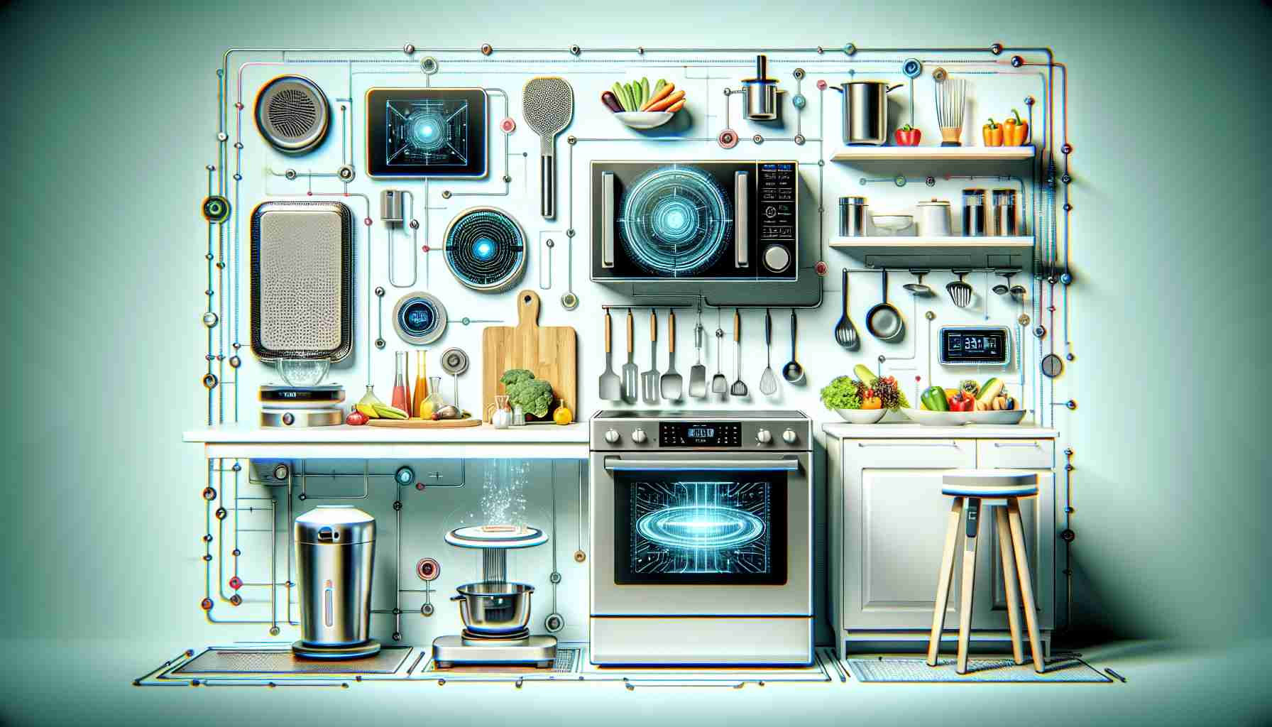 Create a high-definition, realistic image depicting the revolution in home cooking brought about by innovative kitchen gadgets. The frame should encompass a modern kitchen set up, equipped with various advanced appliances like automatic stirrers, smart ovens, integrated cooktops, and induction stovetops, digital weighing scale, and an automatic vegetable cutter. Make sure the devices have a futuristic design, indicating their technological sophistication. The scene should be bright and clean, conveying a sense of order and efficiency that these innovative tools bring to home cooking. Play around with colors that enhance the elegance and modernity of the kitchen gadgets.