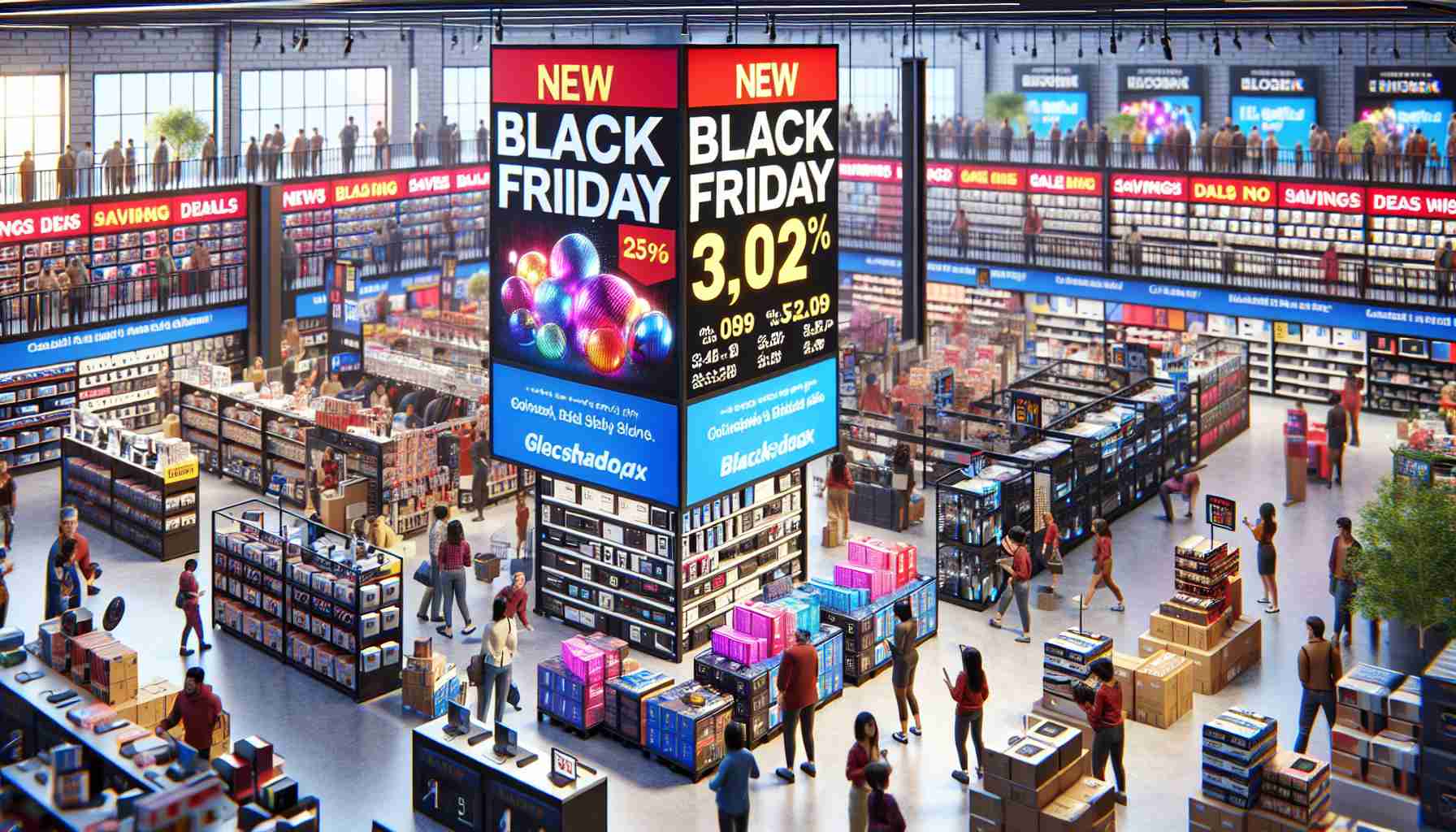 A high-resolution, lifelike image of vibrant signage announcing new, enticing Black Friday deals at a renowned global retail store. Display a variety of must-have items such as electronics, homewares, and clothing. The scene should be bustling with diverse shoppers eagerly exploring the savings on offer, while staff members busily arrange merchandise and answer customer's queries. The environment should be tidy, well-lit, and filled with a sense of the upcoming holiday season.