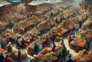 Generate a high resolution and realistic rendition of a market scene during a designated 'Week of Market Surprises'. Picture various stalls bustling with activity: vendors displaying their uniquely captivating and unexpected goods, the area filled with intricate displays of colorful fruits, vegetables, and odd trinkets. Shoppers from diverse ethnic backgrounds, such as Caucasians, South Asians, and Hispanics are present, men and women seeming equally intrigued by the items for sale. The atmosphere is vibrant, filled with the buzz of excited haggling and the different aromas which represent the diverse culinary options available.