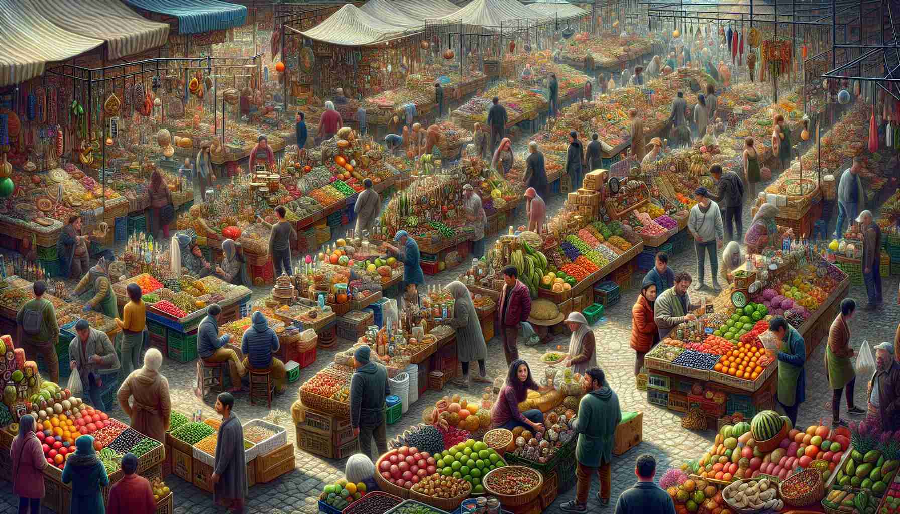 Generate a high resolution and realistic rendition of a market scene during a designated 'Week of Market Surprises'. Picture various stalls bustling with activity: vendors displaying their uniquely captivating and unexpected goods, the area filled with intricate displays of colorful fruits, vegetables, and odd trinkets. Shoppers from diverse ethnic backgrounds, such as Caucasians, South Asians, and Hispanics are present, men and women seeming equally intrigued by the items for sale. The atmosphere is vibrant, filled with the buzz of excited haggling and the different aromas which represent the diverse culinary options available.