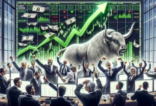 An HD quality, lifelike image of a scene that exudes optimism and prosperity. The centre of the image is filled with a computer screen displaying positive stock market trends, as green ascending graphs command attention. To add the element of economic confidence, include depictions of newspaper headlines praising growth and bull symbols signifying a bull market. The background indicates a bustling trading floor, with a diverse group of male and female traders; Representing multiple descents such as Caucasian, Hispanic, Black, Middle-Eastern, and South Asian, all are visibly excited, engaged in energetic conversations, and sharing triumphant high-fives, symbolizing thriving economics.