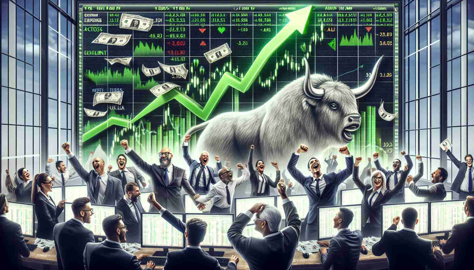 An HD quality, lifelike image of a scene that exudes optimism and prosperity. The centre of the image is filled with a computer screen displaying positive stock market trends, as green ascending graphs command attention. To add the element of economic confidence, include depictions of newspaper headlines praising growth and bull symbols signifying a bull market. The background indicates a bustling trading floor, with a diverse group of male and female traders; Representing multiple descents such as Caucasian, Hispanic, Black, Middle-Eastern, and South Asian, all are visibly excited, engaged in energetic conversations, and sharing triumphant high-fives, symbolizing thriving economics.