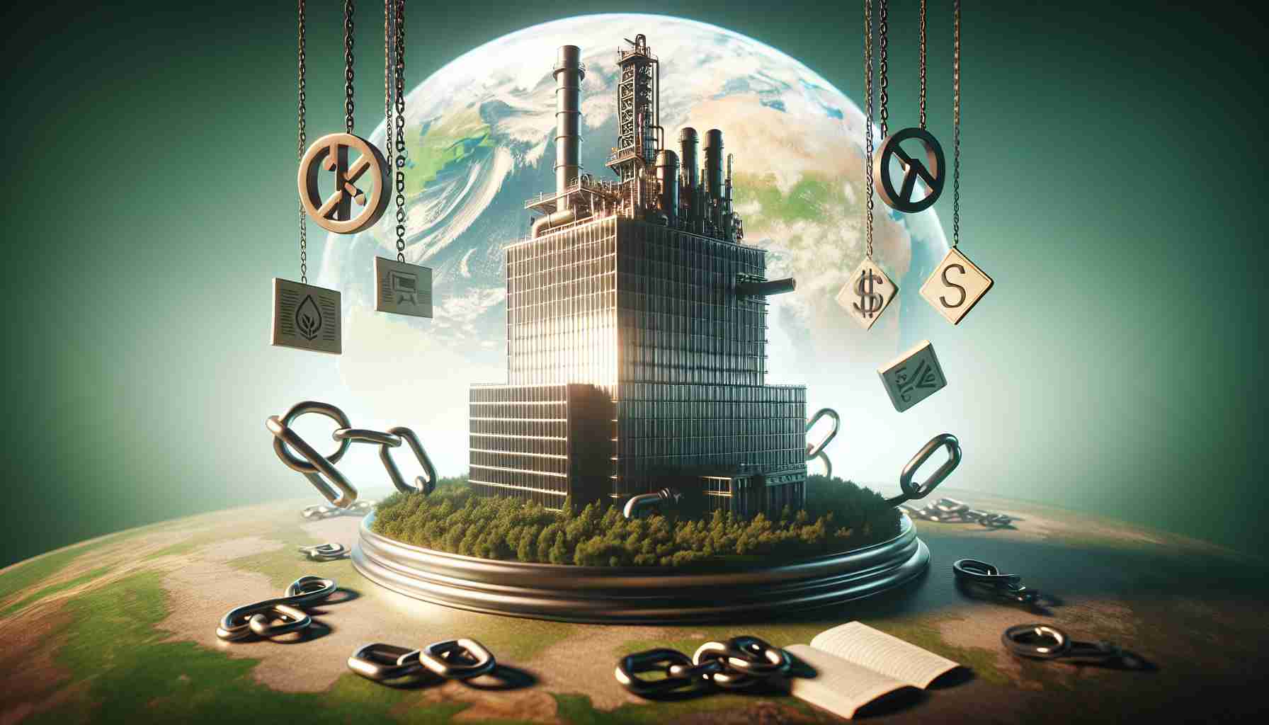 A realistic, high-definition image depicting a symbolic representation of an oil corporation, seen as a colossal structure, set against a backdrop of lenient environmental laws. The company stands unscathed and triumphant, while signs of loose climate regulations, such as negligibly small rulebooks or breakable chains, surround it.