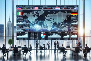 A high-definition, photorealistic image showcasing an update of Global Markets. Depict a scene with a large digital screen displaying various worldwide stock exchange numbers: the Dow Jones, Nikkei, FTSE, and more. Include some business people, of various descents like Black, Hispanic, and Middle-Eastern, and genders, analyzing the information. Make sure the room has a modern, brightly lit office atmosphere with large windows showing a cityscape. Also, include some graphs, pie charts, and other statistical representations on separate screens.