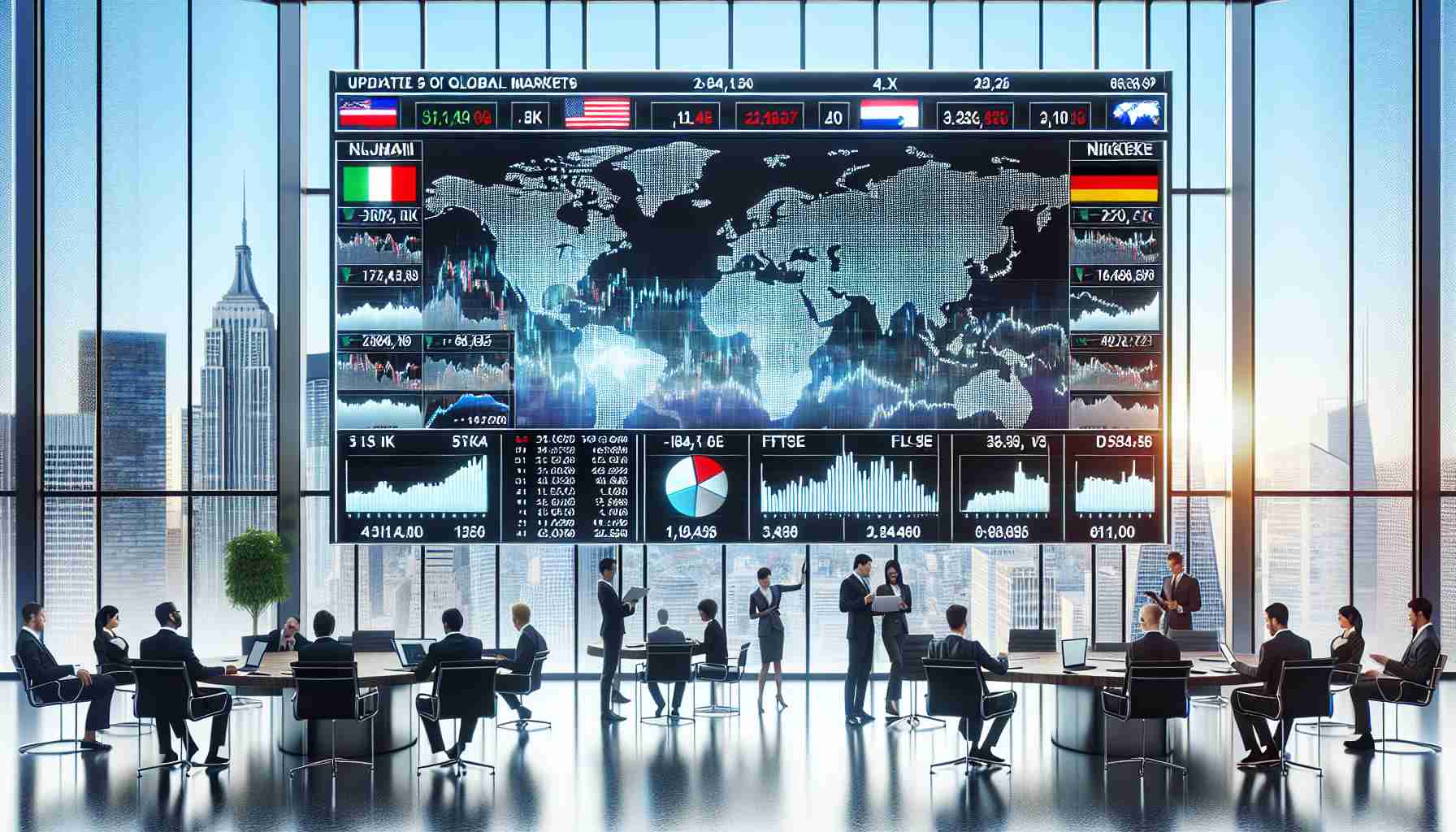 A high-definition, photorealistic image showcasing an update of Global Markets. Depict a scene with a large digital screen displaying various worldwide stock exchange numbers: the Dow Jones, Nikkei, FTSE, and more. Include some business people, of various descents like Black, Hispanic, and Middle-Eastern, and genders, analyzing the information. Make sure the room has a modern, brightly lit office atmosphere with large windows showing a cityscape. Also, include some graphs, pie charts, and other statistical representations on separate screens.