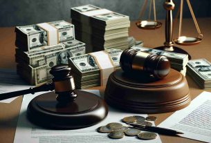 High resolution realistic image depicting the concept of a renowned financial institution facing allegations related to money laundering. The scene includes relevant symbols such as a court gavel, stacks of currency, and legal documents, but avoids any explicit identification of said institution. The mood of the illustration is somber and serious.